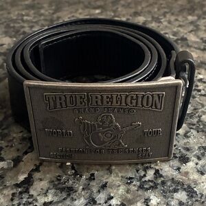 True Religion Black Leather Belt with Metal Logo Buckle